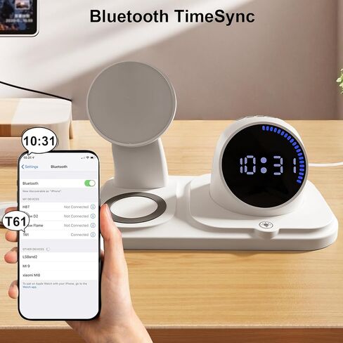 6 in 1 Wireless Charging Station with Wireless Speaker Fuction, Charging Stand for Multiple Devices for Apple iPhone 17 16 15 14 13 12 Pro Max Apple Watch Airpods, Digital Clock and Ambient Lights in Saudi Arabia
