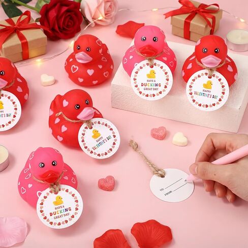 Jerify 2 Pcs 3 Inch Mini Valentine Rubber Duckies with Valentine‘S Day Gift Cards Rubber Duck Toys for Classroom Exchange Game Prizes Carnival Party Favors in Kuwait