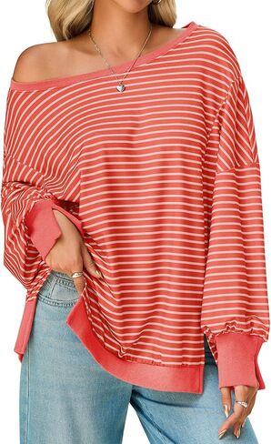 Tankaneo Womens Striped Oversized Sweatshirt Off The Shoulder Lantern Long Sleeve Top Split Fall Trendy Pullover 2025 in Saudi Arabia