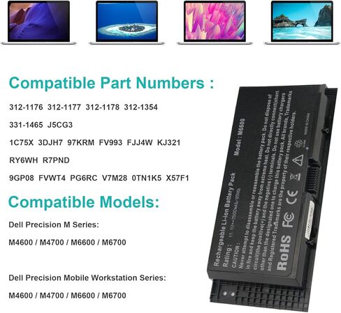 يتوهم شراء بطارية كمبيوتر محمول جديدة لأجهزة Dell Precision M4800 M6600 M6800 FV993 FJJ4W PG6RC 7DWMT JHYP2 K4RDX 9-Cell 11.1V 7800mAh in Kuwait
