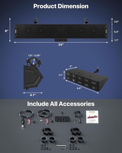GoHawk 34 Inch UTV Sound Bar, 8-Speaker Bluetooth ATV Sound Bar with RGB Lights, IP66 Waterproof SXS & Golf Cart Sound bar Compatible with Polaris RZR Can-Am w/FM Radio, Fits 1.5"–2.25" Roll Cages in Kuwait