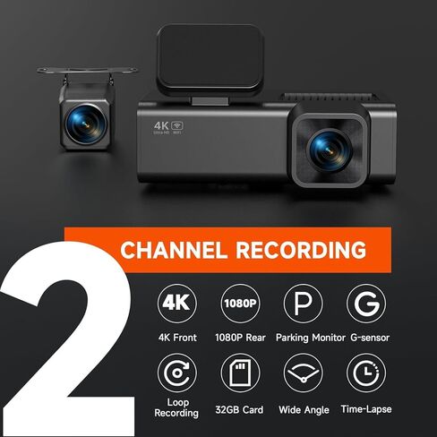 كاميرا داش كام أمامية وخلفية، كاميرا داش كام مزدوجة القناة 4K+1080P للسيارات ذات الرؤية الليلية، كاميرا سيارة صغيرة مع شاشة IPS 1.97 بوصة، مستشعر G، وضع انتظار 24 ساعة، تسجيل حلقة، بطاقة 32 جيجابايت متضمنة in Kuwait