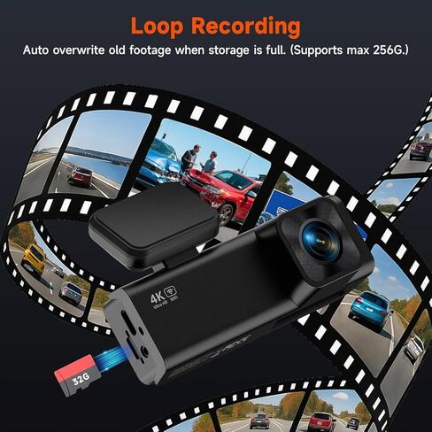 كاميرا داش كام أمامية وخلفية، كاميرا داش كام مزدوجة القناة 4K+1080P للسيارات ذات الرؤية الليلية، كاميرا سيارة صغيرة مع شاشة IPS 1.97 بوصة، مستشعر G، وضع انتظار 24 ساعة، تسجيل حلقة، بطاقة 32 جيجابايت متضمنة in Kuwait