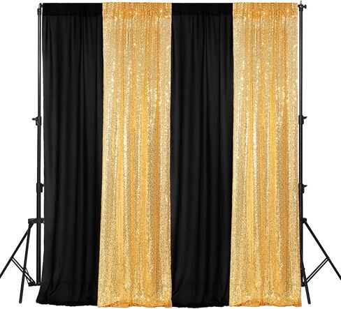 VitalCozy 4 Panels Backdrop Curtains 2 Pcs 4 x 10 ft Sequin Glitter 2 Pcs 7 x 10 ft Chiffon Photo Background Curtains for Valentine's Day Wedding Birthday Party Decorations(Black, Gold) in Saudi Arabia