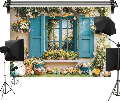 كيت 8x8ft/2.5x2.5 متر عيد الفصح خلفية للتصوير الفوتوغرافي نافذة زرقاء الأزهار الأرنب التقطت الصور خلفية صور فيديو استوديو الدعائم in Kuwait