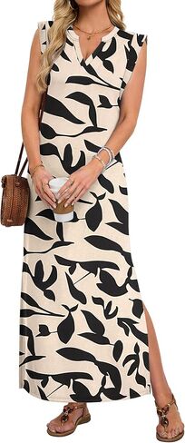 AUSELILY Women's V Neck Maxi Dresses, Casual Loose Split Sleeveless Wrinkle-Free Long Summer Vacation Dress with Pockets 2026 in Saudi Arabia