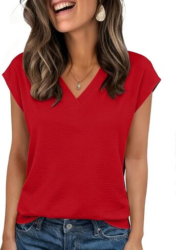 Zeagoo Blouses for Women Dressy Casual Short Sleeve Tops Loose V Neck Tunic Shirts Work Clothes Red in Saudi Arabia