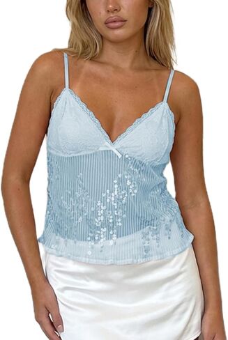Women Y2K Sequin Cami Top Sexy Solid Color Sheer See Through Backless Crop Tank Top Summer Sparkly Flowy Camisole in Saudi Arabia