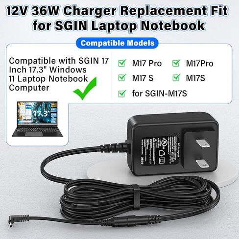 استبدال شاحن الكمبيوتر المحمول 12 فولت متوافق مع جهاز الكمبيوتر المحمول SGIN M17 Pro، محول تيار متردد لسلك الطاقة مناسب لجهاز SGIN M17Pro M17S 17 بوصة 17.3 بوصة Windows 11 كمبيوتر محمول طراز SGIN-M17S 12VDC 12.0V DC12V in Saudi Arabia