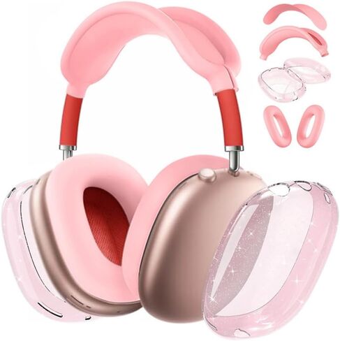 Fomissky 4 in 1 AirPods Max Case with Ear Covers, Includes Silicone Headband Cover & Glitter TPU Ear Cups Compatible with Apple AirPods Max (Clear Pink) in Kuwait