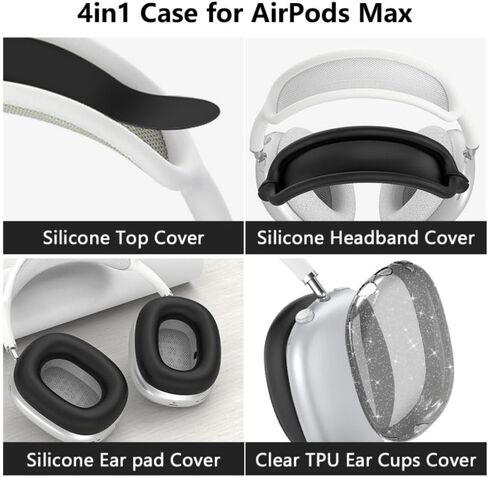 Fomissky 4 in 1 AirPods Max Case with Ear Covers, Includes Silicone Headband Cover & Glitter TPU Ear Cups Compatible with Apple AirPods Max (Clear Pink) in Kuwait