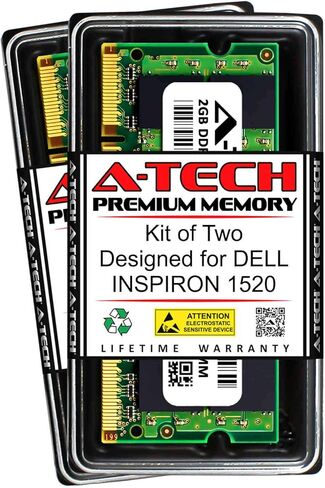 ذاكرة وصول عشوائي A-Tech سعة 4 جيجابايت (2 × 2 جيجابايت) لجهاز DELL INSPIRON 1520 | مجموعة ترقية الذاكرة DDR2 667 ميجا هرتز SODIMM PC2-5300 200-Pin Non-ECC in Kuwait