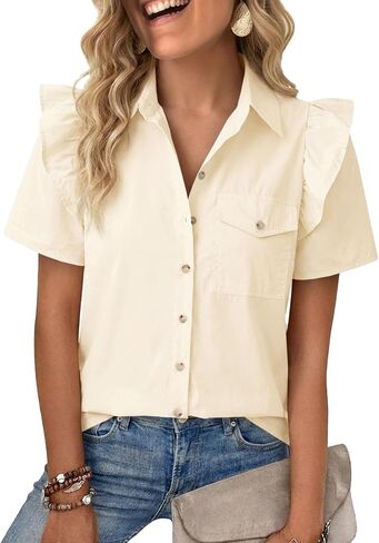 Cicy Bell Womens Babydoll Button Down Shirts Summer Ruffle Puff Sleeve Pleated Tops Loose Fit Cotton Collared Curvy Hem Tees in Saudi Arabia