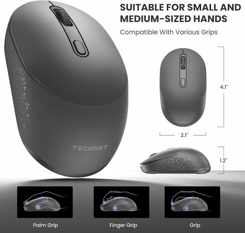 TECKNET Bluetooth Wireless Mouse, Bluetooth 5.0 & 2.4G USB Receiver, Compact & Portable, Silent Click, Ergonomic Symmetrical Design, 18-Month Battery, Adjustable DPI, Wide Compatibility - Grey in Saudi Arabia