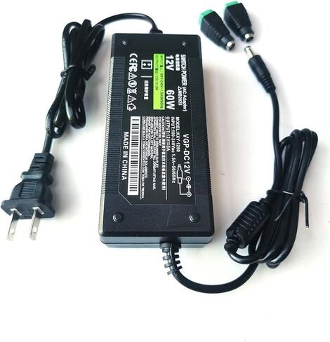 12V 5A 60W100V-240V 5.5x2.1mm 2.5x5.5mm مزود طاقة لمحول طاقة كاميرا الأمان مع موصل طرفي DC، متوافق مع كاميرات Lorex وSamsung وQ-See وNight Owl وSwann وAnnke IP وBNC in Saudi Arabia