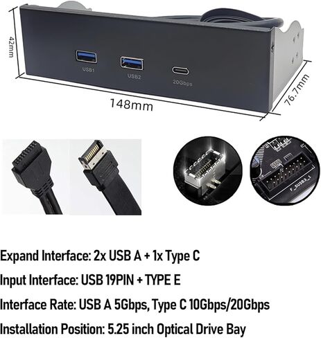 PUSOKEI 5.25 Inch Front Panel USB Hub, 3 Ports USB Front Panel Floppy Disk Bay, 19 Pin USB3.2 GEN2 Internal USB Hub with 2 USB A and 20Gbps USB C Port, for PC Case in Saudi Arabia