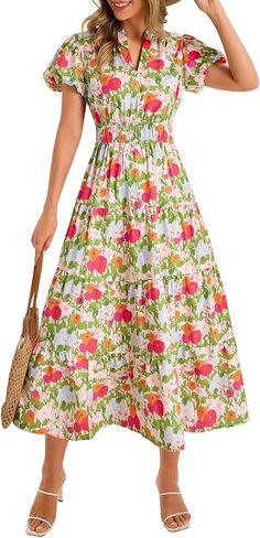 فستان Wenrine نسائي صيفي طويل مزين بالزهور كاجوال برقبة على شكل حرف V وأكمام قصيرة منتفخة فضفاضة على شاطئ بوهو مع جيوب in Kuwait