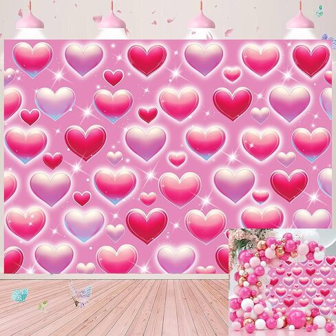 Pink Heart Photo Backdrop Valentine's Day Retro Heart Early 2000s 90s Glitter Love Photography Background Adults Kids Valentine Y2K Old School Birthday Party Decor Banner Photo Props (Pink, 7x5FT) in Saudi Arabia