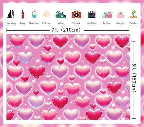 Pink Heart Photo Backdrop Valentine's Day Retro Heart Early 2000s 90s Glitter Love Photography Background Adults Kids Valentine Y2K Old School Birthday Party Decor Banner Photo Props (Pink, 7x5FT) in Saudi Arabia