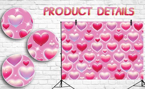 Pink Heart Photo Backdrop Valentine's Day Retro Heart Early 2000s 90s Glitter Love Photography Background Adults Kids Valentine Y2K Old School Birthday Party Decor Banner Photo Props (Pink, 7x5FT) in Saudi Arabia