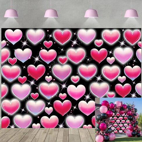 Pink Heart Photo Backdrop Valentine's Day Retro Heart Early 2000s 90s Glitter Love Photography Background Adults Kids Valentine Y2K Old School Birthday Party Decor Banner Photo Props (Pink, 7x5FT) in Saudi Arabia