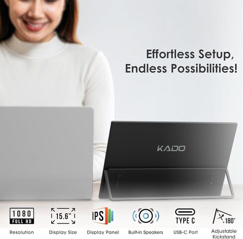 Kado Portable Monitor 15.6'' FHD 1080p Aluminum Foldable Stand Set, Ultra-Slim Laptop Monitor 1920x1080 with Built-in Speakers, IPS Display for PC, Mac, Phone, Xbox, PS5, USB-C & HDMI Connectivity in Saudi Arabia