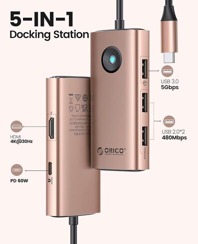 قاعدة توصيل USB C 5 في 1 من ORICO - HDMI 4K، توصيل طاقة 60 وات، USB 3.0 ومنفذين USB 2.0 لأجهزة MacBook وXPS والمزيد in Kuwait