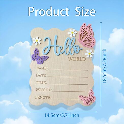 Baby Announcement Sign, 5.9x7.2 Inch Wooden Hello World Newborn Signs, Birth Announcement Sign, Butterfly Daisy Decoration, Welcome Newborn Arrival to World, Hospital Nursery for baby (Blue,Pen) in Saudi Arabia