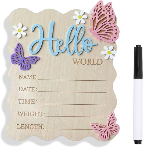 Baby Announcement Sign, 5.9x7.2 Inch Wooden Hello World Newborn Signs, Birth Announcement Sign, Butterfly Daisy Decoration, Welcome Newborn Arrival to World, Hospital Nursery for baby (Blue,Pen) in Saudi Arabia
