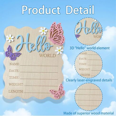Baby Announcement Sign, 5.9x7.2 Inch Wooden Hello World Newborn Signs, Birth Announcement Sign, Butterfly Daisy Decoration, Welcome Newborn Arrival to World, Hospital Nursery for baby (Blue,Pen) in Saudi Arabia