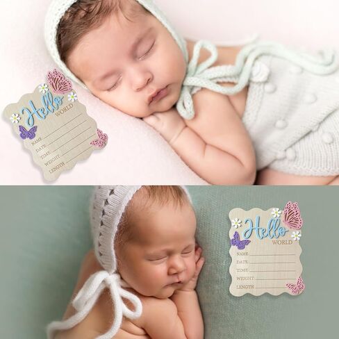 Baby Announcement Sign, 5.9x7.2 Inch Wooden Hello World Newborn Signs, Birth Announcement Sign, Butterfly Daisy Decoration, Welcome Newborn Arrival to World, Hospital Nursery for baby (Blue,Pen) in Saudi Arabia