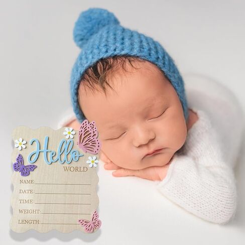 Baby Announcement Sign, 5.9x7.2 Inch Wooden Hello World Newborn Signs, Birth Announcement Sign, Butterfly Daisy Decoration, Welcome Newborn Arrival to World, Hospital Nursery for baby (Blue,Pen) in Saudi Arabia