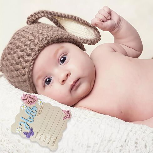 Baby Announcement Sign, 5.9x7.2 Inch Wooden Hello World Newborn Signs, Birth Announcement Sign, Butterfly Daisy Decoration, Welcome Newborn Arrival to World, Hospital Nursery for baby (Blue,Pen) in Saudi Arabia