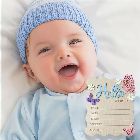 Baby Announcement Sign, 5.9x7.2 Inch Wooden Hello World Newborn Signs, Birth Announcement Sign, Butterfly Daisy Decoration, Welcome Newborn Arrival to World, Hospital Nursery for baby (Blue,Pen) in Saudi Arabia