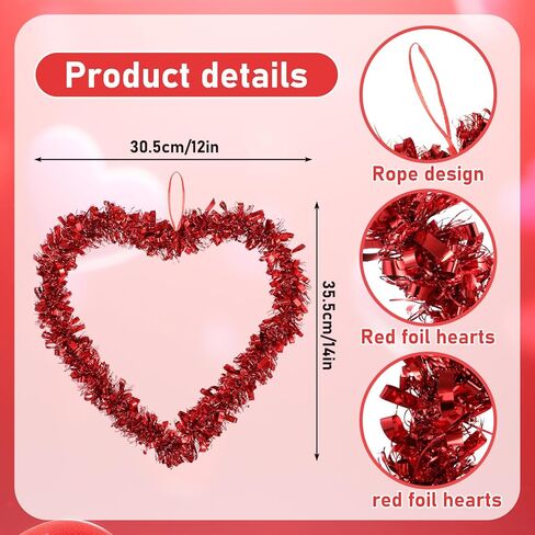 6 Pcs Valentine Heart Shaped Wreaths 12 Inch Red Tinsel Heart Garland with Glitter and Foil Accents, Valentine's Day Door Wall Hanging Decorations for Home Wedding Party in Kuwait