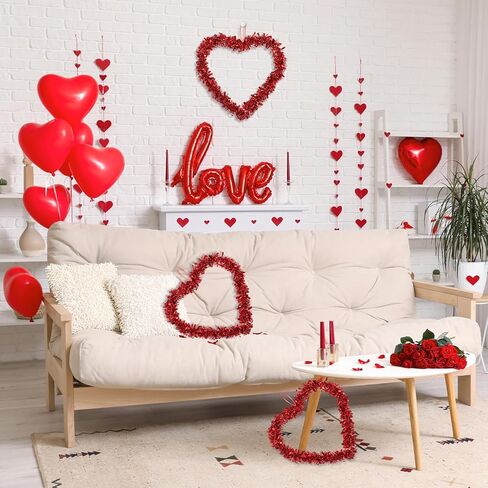 6 Pcs Valentine Heart Shaped Wreaths 12 Inch Red Tinsel Heart Garland with Glitter and Foil Accents, Valentine's Day Door Wall Hanging Decorations for Home Wedding Party in Kuwait