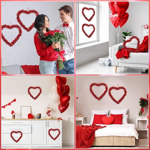 6 Pcs Valentine Heart Shaped Wreaths 12 Inch Red Tinsel Heart Garland with Glitter and Foil Accents, Valentine's Day Door Wall Hanging Decorations for Home Wedding Party in Kuwait
