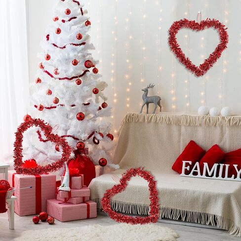 6 Pcs Valentine Heart Shaped Wreaths 12 Inch Red Tinsel Heart Garland with Glitter and Foil Accents, Valentine's Day Door Wall Hanging Decorations for Home Wedding Party in Kuwait