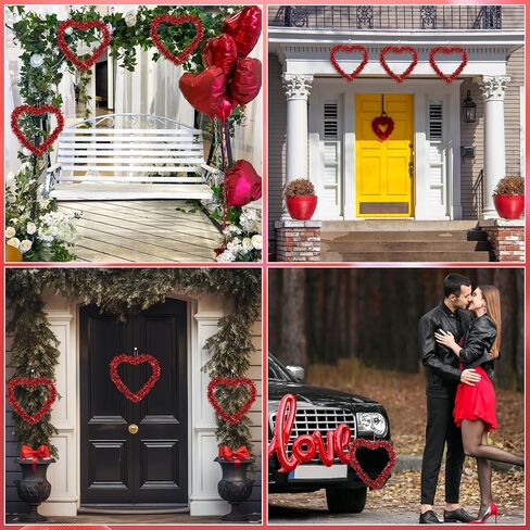 6 Pcs Valentine Heart Shaped Wreaths 12 Inch Red Tinsel Heart Garland with Glitter and Foil Accents, Valentine's Day Door Wall Hanging Decorations for Home Wedding Party in Kuwait