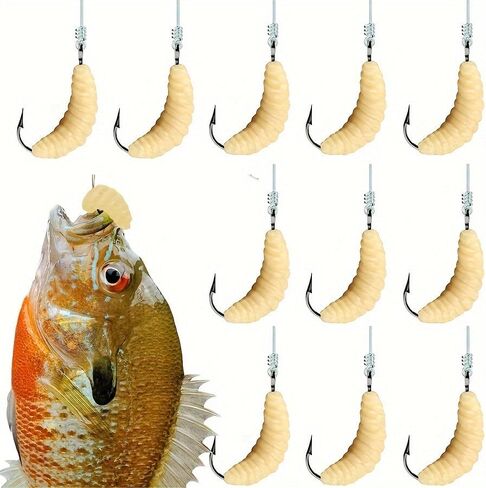 12PCS Rubber Maggot Fishing Bait 12 Pack Soft Lifelike Yellow Pre Rigged with Hooks for Bass Trout Bluegill Freshwater in Saudi Arabia