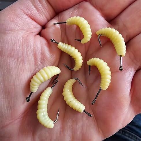 12PCS Rubber Maggot Fishing Bait 12 Pack Soft Lifelike Yellow Pre Rigged with Hooks for Bass Trout Bluegill Freshwater in Saudi Arabia