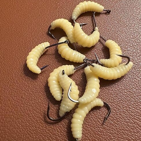 12PCS Rubber Maggot Fishing Bait 12 Pack Soft Lifelike Yellow Pre Rigged with Hooks for Bass Trout Bluegill Freshwater in Saudi Arabia