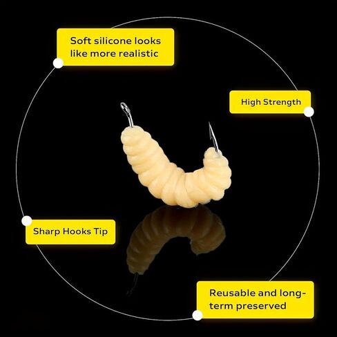 12PCS Rubber Maggot Fishing Bait 12 Pack Soft Lifelike Yellow Pre Rigged with Hooks for Bass Trout Bluegill Freshwater in Saudi Arabia