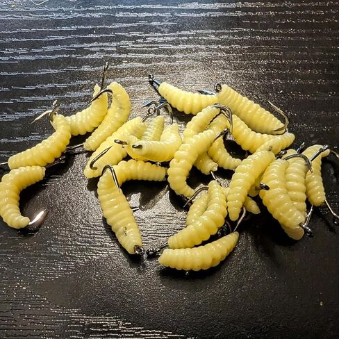 12PCS Rubber Maggot Fishing Bait 12 Pack Soft Lifelike Yellow Pre Rigged with Hooks for Bass Trout Bluegill Freshwater in Saudi Arabia