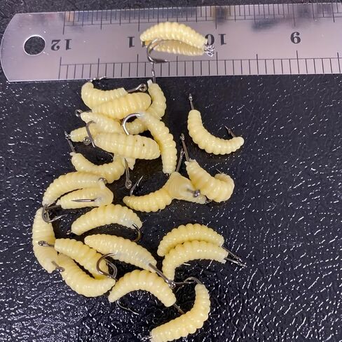 12PCS Rubber Maggot Fishing Bait 12 Pack Soft Lifelike Yellow Pre Rigged with Hooks for Bass Trout Bluegill Freshwater in Saudi Arabia