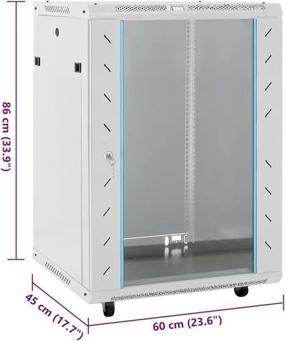15U Network Cabinet with Swivel Feet, 19-Inch Rack, Lockable Tempered Glass Door, IP20 Rated, Grey Steel Enclosure, 60 x 45 x 86 cm in Kuwait