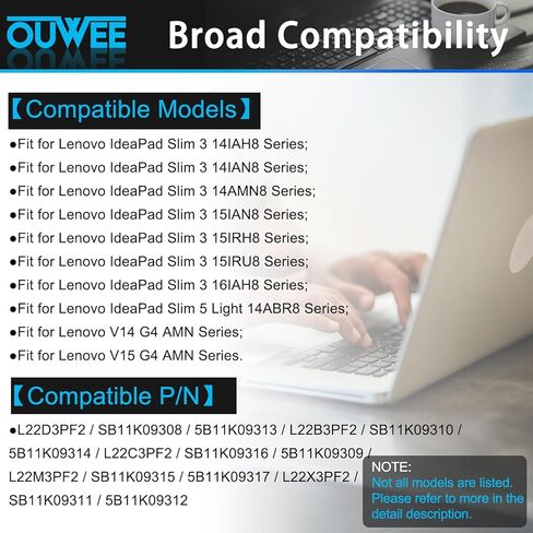 بطارية كمبيوتر محمول L22C3PF2 L22M3PF2 متوافقة مع Lenovo V14 G4 AMN / V15 G4 AMN IAN/IdeaPad Slim 3-15IRU9 3-14ABR8 3-15ABR8 3-16ABR8 Series L22B3PF2 L22C3PF2 L22M3PF2 5B11K09313 47Wh 11.31 فولت in Kuwait