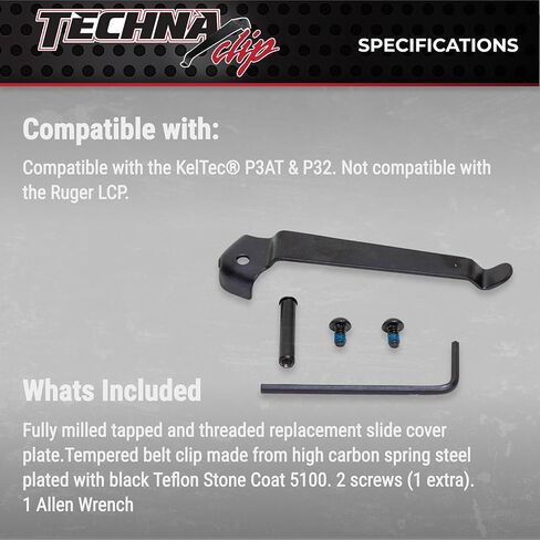نظام إخفاء مشبك Techna لمسدسات KelTec P3AT/P32 .380 ACP - مشبك مسدس فولاذي زنبركي عالي الكربون متين مع طبقة تيفلون 1500 - الجانب الأيمن، مشبك حافظة مسدس سهل التركيب (أسود) in Kuwait