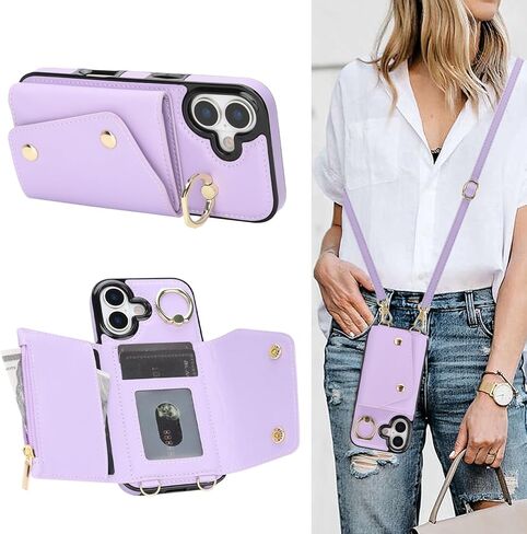 متوافق مع جراب محفظة iPhone 13/14 Crossbody مع حامل بطاقات للنساء، جراب هاتف RFID محجب من جلد البولي يوريثان وغطاء قلاب لحقيبة اليد مع فتحات للبطاقات وحامل معصم دائري، أسود in Kuwait