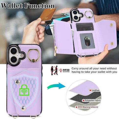 متوافق مع جراب محفظة iPhone 13/14 Crossbody مع حامل بطاقات للنساء، جراب هاتف RFID محجب من جلد البولي يوريثان وغطاء قلاب لحقيبة اليد مع فتحات للبطاقات وحامل معصم دائري، أسود in Kuwait